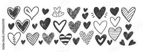  Scribbled love symbols with chalk and crayon textures, featuring sketchy outlines, paintbrush strokes. Vector illustration.
