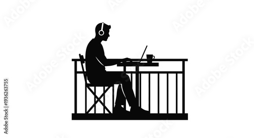 Vector graphic illustration of a young man working remotely on a laptop computer while wearing headphones, sitting at a table on a balcony, embodying modern flexible work lifestyle.
