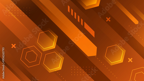 Warm orange and gold gradient abstract background with technical diagonal stripes and glowing hexagon honeycomb structures