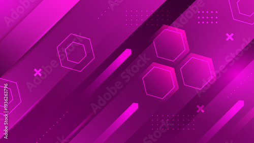 Vibrant magenta and purple gradient background with geometric hexagon honeycomb patterns and sleek diagonal technology elements