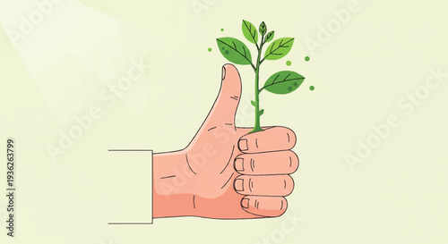 Hand giving a thumbs up gesture, holding a growing green plant sprout, symbolizing environmental support, sustainable growth, and eco-friendly success.