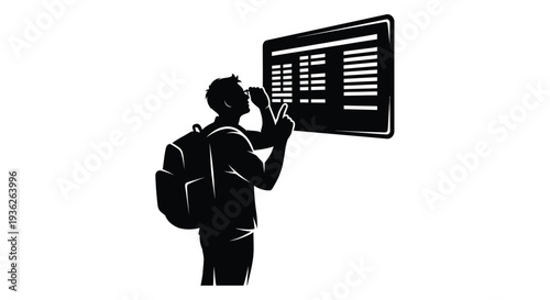 Silhouette vector graphic illustration of a male backpacker traveler looking intently at an information departure arrival board screen