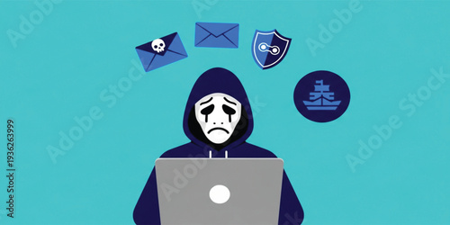 Cybercrime Hacker in Hoodie Using Laptop with Phishing Email, Malware, and Data Breach Icons, Online Security and Internet Fraud Concept Illustration