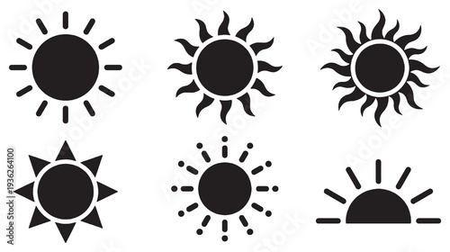 Collection of stylized sun icons in black and white, representing different weather conditions and celestial bodies.