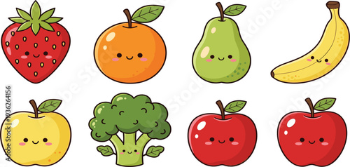 Cute Kawaii Fruit and Vegetable Character Set Featuring Smiling Strawberry, Orange, Pear, Banana, Apple, and Broccoli for Kids Education and Healthy Food Design