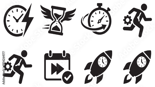 Collection of icons representing speed, time, and efficiency in business and project management.