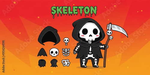 Cute Kawaii Grim Reaper Skeleton Character Vector Set with Scythe and Skull Elements for Halloween Decorations Stickers and Spooky Digital Graphic Design Projects