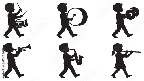 Children marching band silhouettes playing various musical instruments.