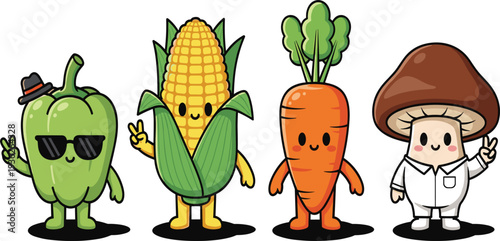 Cute Kawaii Vegetable Mascot Characters Set with Smiling Pepper Corn Carrot and Mushroom Cartoon Food Vector Illustration