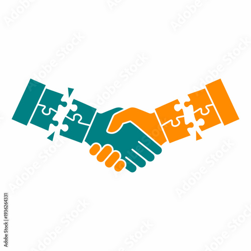 Handshake Made of Interlocking Puzzle Pieces in Green and Orange