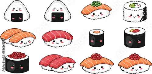 Cute Kawaii Sushi Set with Smiling Nigiri Rolls and Onigiri Cartoon Japanese Food Vector Illustration Collection