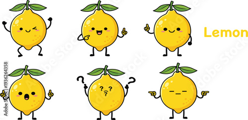 Cute Lemon Cartoon Character Set with Funny Expressions and Gestures for Kids Food Mascot Stickers Fresh Fruit Illustration and Fun Design