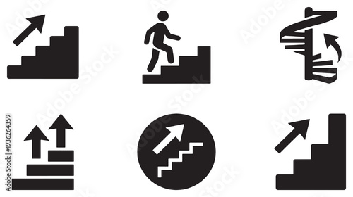 Collection of six black and white icons representing stairs and upward movement, including a person climbing stairs and spiral staircases.