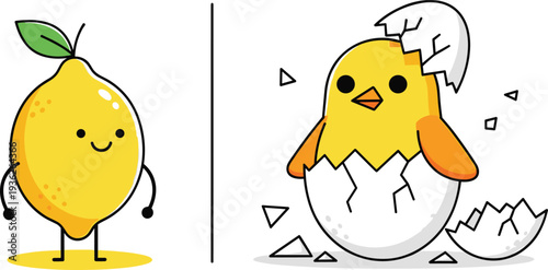 Cute Lemon Character and Chick Hatching from Egg Cartoon Vector Illustration Showing Transformation Concept, Funny Fruit Mascot and Baby Bird Clipart