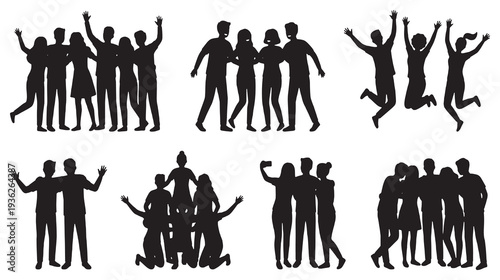 Collection of diverse group silhouettes celebrating and having fun together, showcasing unity and joy.