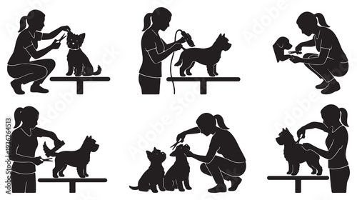 Collection of Silhouettes Showing a Person Grooming Different Dogs and Cats on Tables.