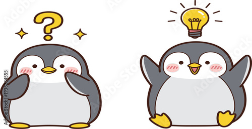Cute Penguin Thinking and Idea Concept Cartoon Vector Illustration with Question Mark and Light Bulb, Adorable Animal Character Showing Problem Solving