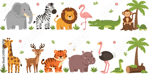 Cute Safari Animals Collection with Elephant Lion Zebra Giraffe Tiger and Jungle Wildlife Characters for Kids Education Nursery and Cartoon Vector Set