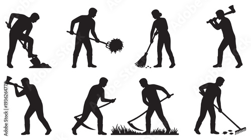 Set of silhouettes of people performing various gardening and manual labor tasks with tools like shovels, axes, and scythes.