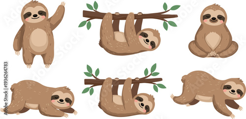 Cute Sloth Cartoon Character Set with Different Poses Hanging Sleeping Sitting and Crawling for Kids Illustration Sticker and Mascot Vector Design