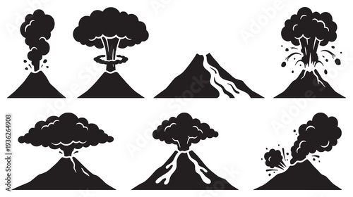 Collection of stylized black and white icons representing different stages of volcanic eruptions and formations.