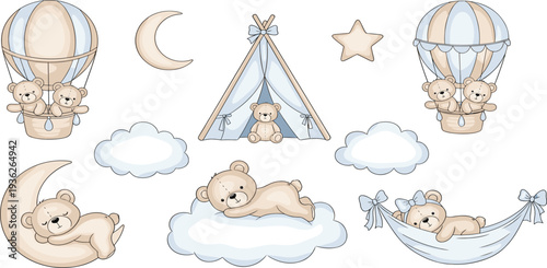 Cute Teddy Bear Nursery Clipart Set with Hot Air Balloon, Moon, Clouds, Tent, and Sleeping Bears for Baby Shower and Kids Room Design