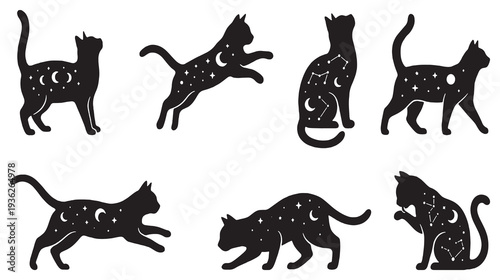 Set of black cat silhouettes with celestial patterns, stars, and moons, in various poses.