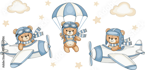 Cute Teddy Bear Pilot with Airplane and Parachute Cartoon Vector Set for Kids Nursery Design, Baby Shower Decoration and Children Illustration