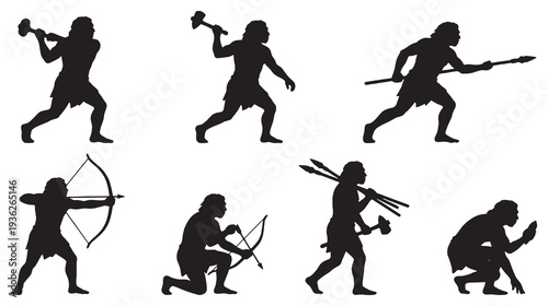 Collection of silhouettes depicting prehistoric humans engaged in various activities like hunting and tool use.