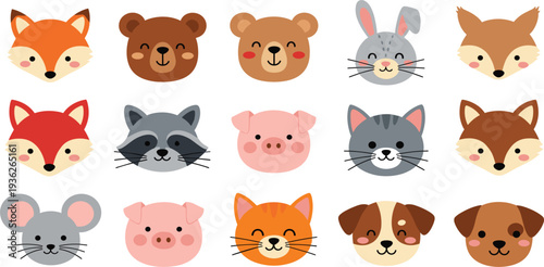 Cute Woodland and Farm Animal Face Icon Set with Fox Bear Rabbit Raccoon Pig Cat Dog Mouse Vector Illustrations