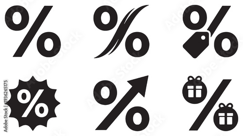 Collection of diverse percentage sign icons representing discounts, sales, and financial growth concepts.