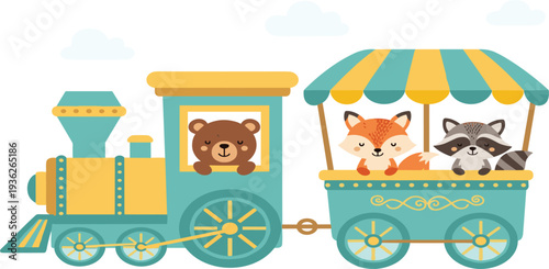 Cute Woodland Animal Train Illustration with Bear, Fox and Raccoon for Kids Nursery Art, Children Book Design, Baby Shower and Cartoon Vector Scene