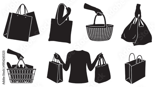 Collection of black silhouette icons representing various shopping bags and baskets, symbolizing consumerism and retail.