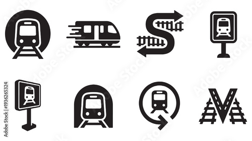 Collection of stylized black and white icons representing trains and railway transportation.