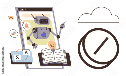Artificial intelligence, cloud computing, data storage, education, digital communication, automation. Robot assistant within a mobile device, tools for translation and cloud icon. Artificial