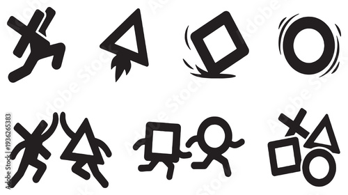 Set of abstract geometric shapes representing actions and figures in a playful, minimalist style.