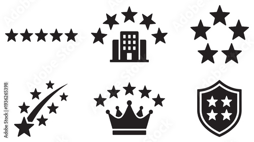 Collection of star rating icons representing quality and excellence in various contexts, including hotels and achievements.