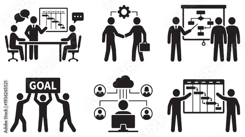 Set of business icons representing teamwork, planning, strategy, and collaboration in a modern workplace.