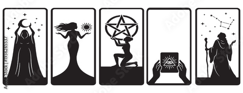 Collection of five black silhouette tarot cards depicting mystical figures and symbols related to astrology and magic.