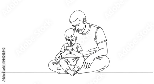 A minimalist line art illustration of a father and son sitting together, looking at a phone in a simple and heartwarming scene