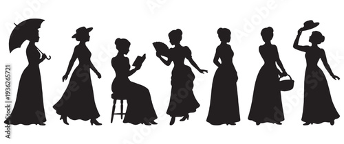 Collection of vintage silhouette women in elegant dresses engaged in various activities like reading and holding umbrellas.