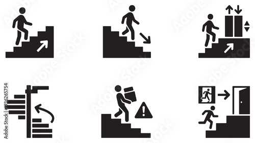 Set of icons depicting various stair and elevator usage scenarios, including ascending, descending, and emergency exits.