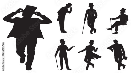 Collection of Silhouettes of Gentlemen in Top Hats and Suits in Various Poses.