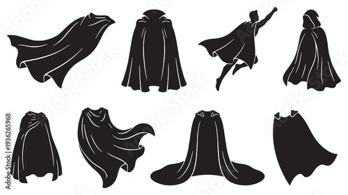 Collection of Black Superhero Capes and Silhouettes in Various Poses and Styles.