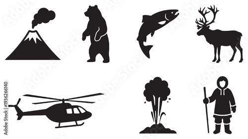 Collection of black silhouette icons representing nature, wildlife, and human activities.