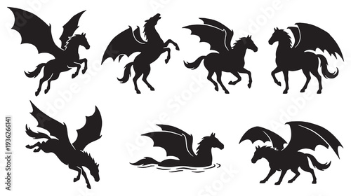 Collection of Silhouettes of Mythical Winged Horses, Pegasus in Various Poses.