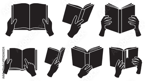 Collection of Silhouettes of Hands Holding Open Books in Various Poses.