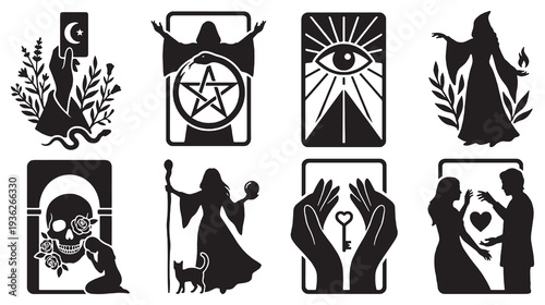 Collection of mystical and esoteric symbols, including tarot cards, occult imagery, and celestial elements.