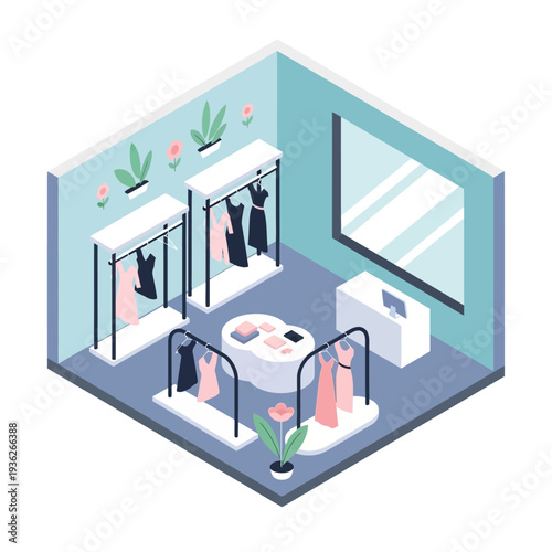 Isometric illustration of a modern clothing store interior with mannequins and display racks.