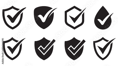 Collection of eight shield and checkmark icons representing security, approval, and verification in a clean, modern style.